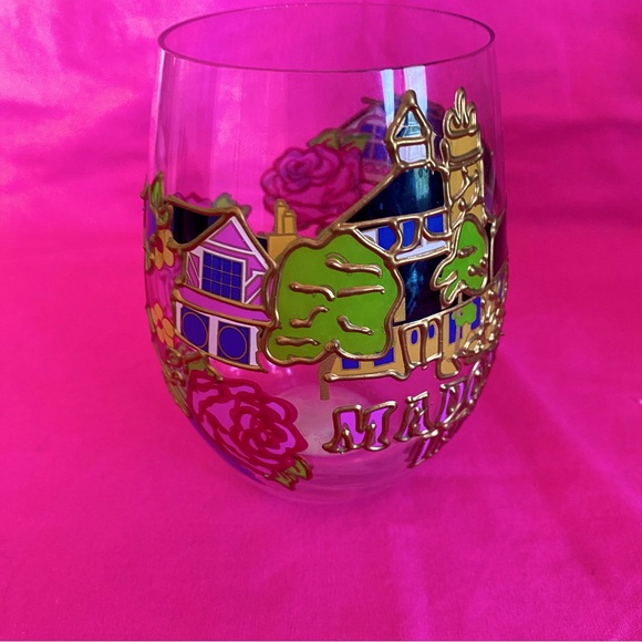 Madonna Inn Stemless Wine Vino Glass Cup Pink Gold Roses Hotel California Champ - Picture 6 of 10